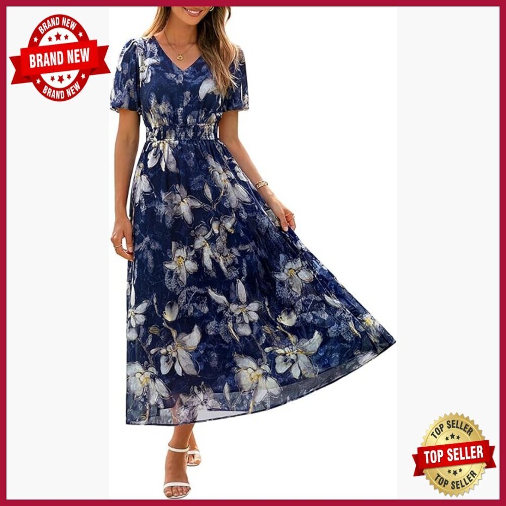 Lightweight Flowy Maxi Dress V Neck Puff Sleeve Smocked Waist Wedding Guest